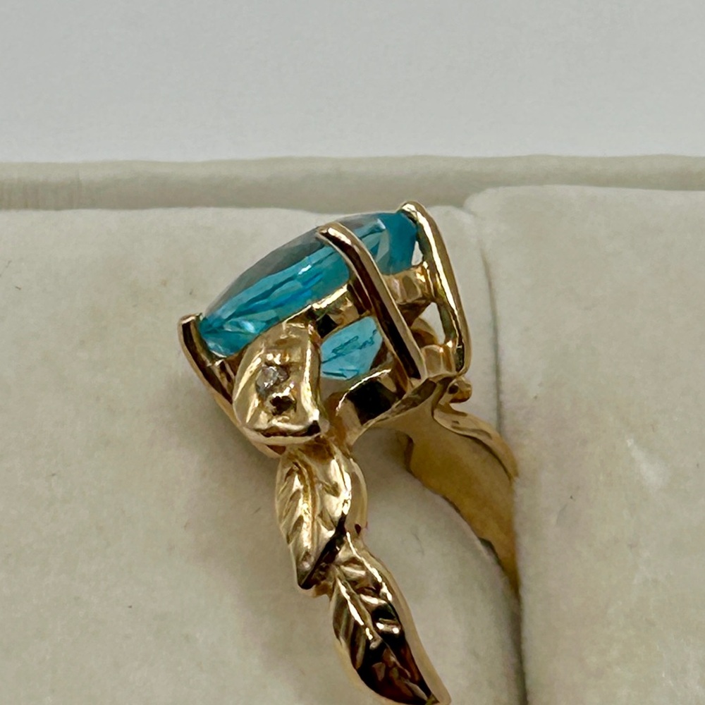 14k Solid Gold Ring Blue Heart 10mm Topaz and Diamond Gemstone - Picture 11 of 13